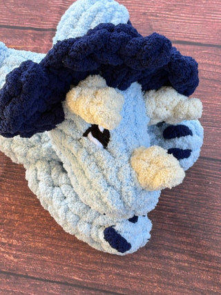 Triceratop Light blue and navy hand knitted Plushie