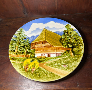 Vtg  Majolica 3D alpine chalet scene wall plate
