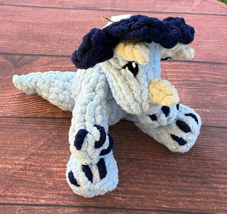 Triceratop Light blue and navy hand knitted Plushie