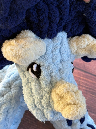 Triceratop Light blue and navy hand knitted Plushie