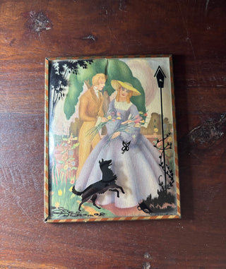 Vtg reverse painted silhouette of couple&dog