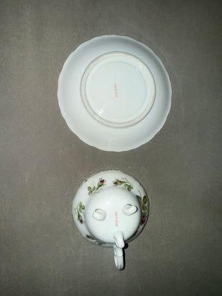 vintage three-footed "Moss Rose" porcelain teacup and saucer set