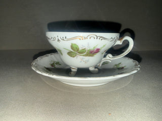 vintage three-footed "Moss Rose" porcelain teacup and saucer set