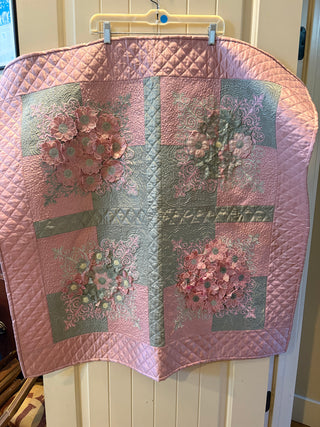 Quilted Wall hanging 3-D floral appliques, pink 37" x 37"