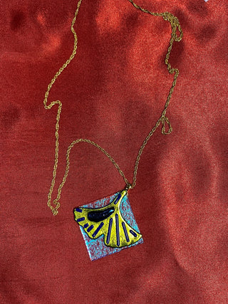 Art Glass Pendant Lotus Green Dk Blue Gold Fill  Chain