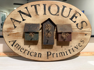 Wood Oval Antiques Sign With Birdhouses