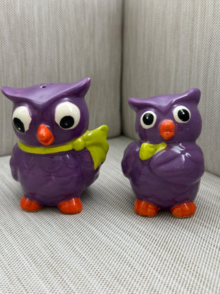 Purple Owl Salt and Pepper Shakers Set Ceramic Googly Eyes Fall 2.75"