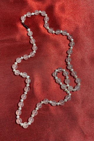 Natural Rose Quartz Necklace w Pearls & Garnet