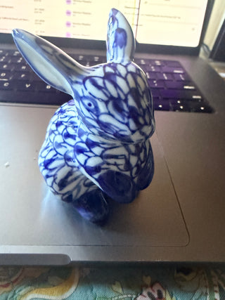 Blue & White Porcelain Rabbit Figurine Hand Painted 3.25" Tall