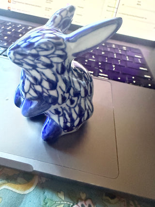 Blue & White Porcelain Rabbit Figurine Hand Painted 3.25" Tall