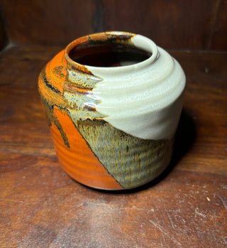 Signed handmade lava pottery vase o,w&brown