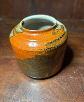 Signed handmade lava pottery vase o,w&brown