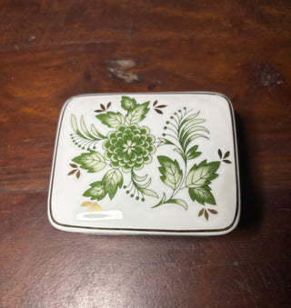 2pc Vtg square hand painted  green floral trinket box