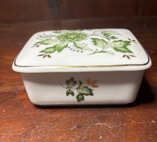 2pc Vtg square hand painted  green floral trinket box