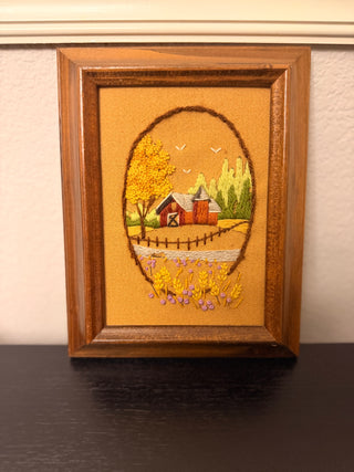 Red Barn Yarn Embroidery Framed Art Needlepoint