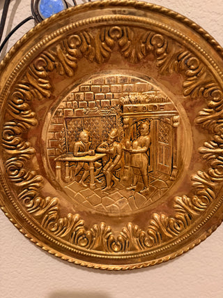 Vintage Brass-Tone Embossed “Ye Olde” Tavern Scene