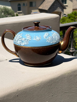 Antq. Victorian English teapot, brown/ powder blue  Transferware (1890-1910)