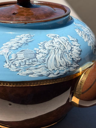 Antq. Victorian English teapot, brown/ powder blue  Transferware (1890-1910)