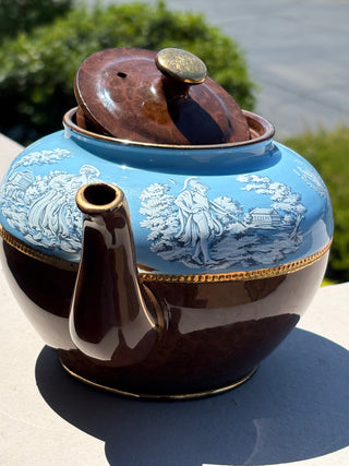 Antq. Victorian English teapot, brown/ powder blue  Transferware (1890-1910)