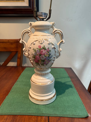 Vtg Table Lamp Ceramic Floral Hand Painted w/ Shade
