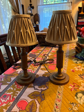 TL pair vtg candle lamps w/linen shades