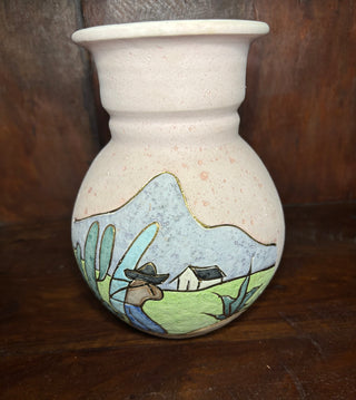 Vtg etched scene w/gold ceramic vase Mexico