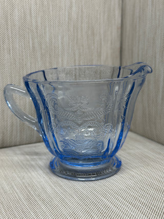 1930s Jeannette Blue Depression Glass Windsor Diamond Warm Syrup Pitcher
