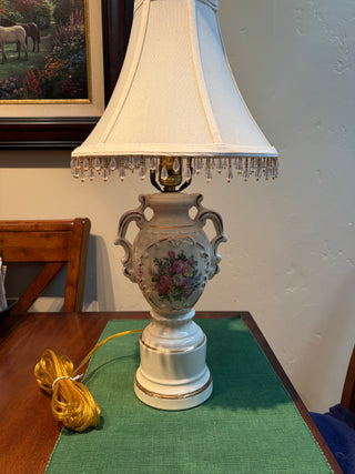 Vtg Table Lamp Ceramic Floral Hand Painted w/ Shade