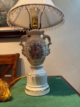 Vtg Table Lamp Ceramic Floral Hand Painted w/ Shade