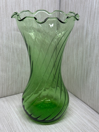 1960's  Emerald Green Spiral Optic Swirl Glass Ruffled Vase