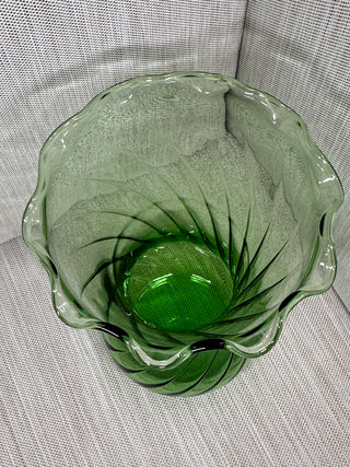 1960's  Emerald Green Spiral Optic Swirl Glass Ruffled Vase