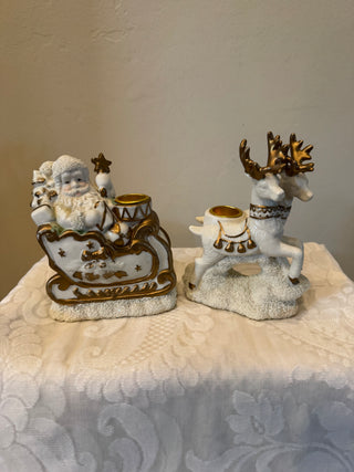 Vtg White & Gold Santa & Reindeer Candle Holder