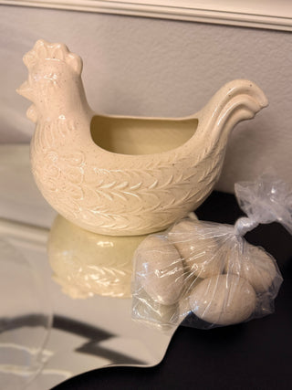 Ceramic White Speckled Hen Planter w/Eggs