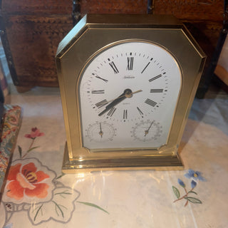 Vintage Quartz Mantel Clock Gold Tone Hygrometer Thermometer Roman Numeral 8"