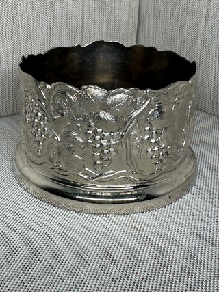 Silver Plated Wine Bottle Coaster Grapevine Motif Turned Wood Base