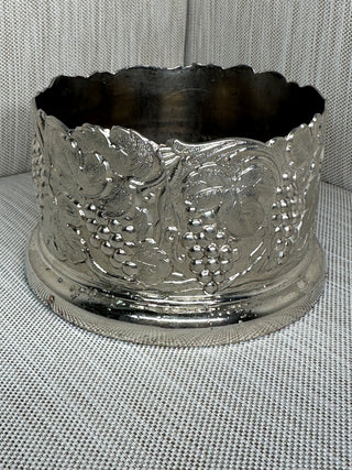 Silver Plated Wine Bottle Coaster Grapevine Motif Turned Wood Base