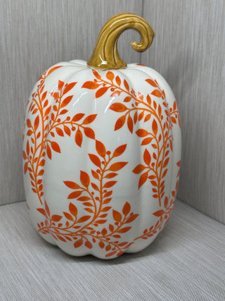 Set of 2 Ceramic White Orange Floral Leaf Fall Pumpkin Decor Figurines