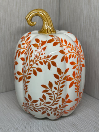 Set of 2 Ceramic White Orange Floral Leaf Fall Pumpkin Decor Figurines