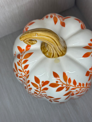 Set of 2 Ceramic White Orange Floral Leaf Fall Pumpkin Decor Figurines