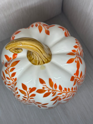 Set of 2 Ceramic White Orange Floral Leaf Fall Pumpkin Decor Figurines