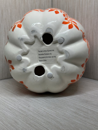 Set of 2 Ceramic White Orange Floral Leaf Fall Pumpkin Decor Figurines