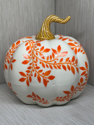 Set of 2 Ceramic White Orange Floral Leaf Fall Pumpkin Decor Figurines