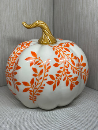 Set of 2 Ceramic White Orange Floral Leaf Fall Pumpkin Decor Figurines