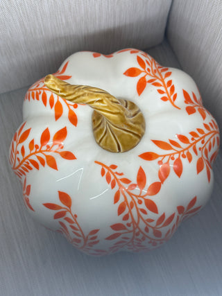 Set of 2 Ceramic White Orange Floral Leaf Fall Pumpkin Decor Figurines