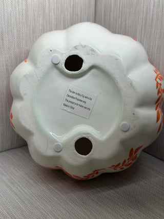 Set of 2 Ceramic White Orange Floral Leaf Fall Pumpkin Decor Figurines