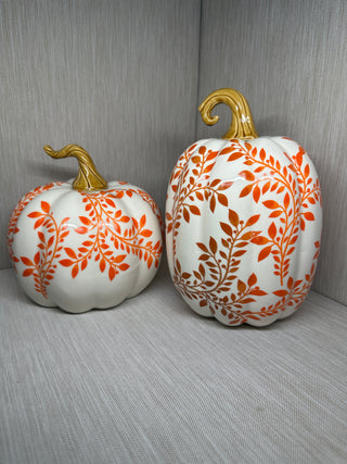 Set of 2 Ceramic White Orange Floral Leaf Fall Pumpkin Decor Figurines