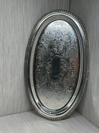 Silver-Plated Oval Serving Tray - Chased Scroll & Rope Rim