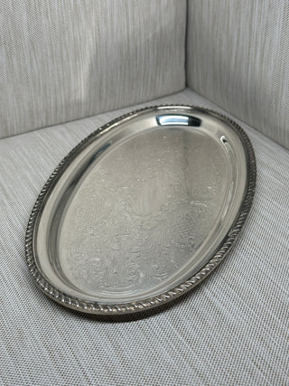Silver-Plated Oval Serving Tray - Chased Scroll & Rope Rim