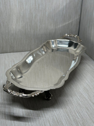 F.B. Rogers Silverplate Footed Serving Tray — Ornate Handle & Scroll Feet