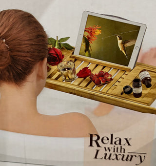 Adjustable Bamboo Bath Caddy with Cell/Book/Wine Holder